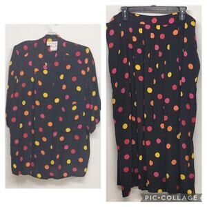 Jones New York 2pc Skirt Suit Black Polka Dot Rayon Womens Plus 22W Dry Clean